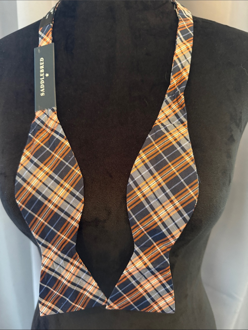 Saddlebred Navy, Orange & White Plaid Self-Tie Bow Tie